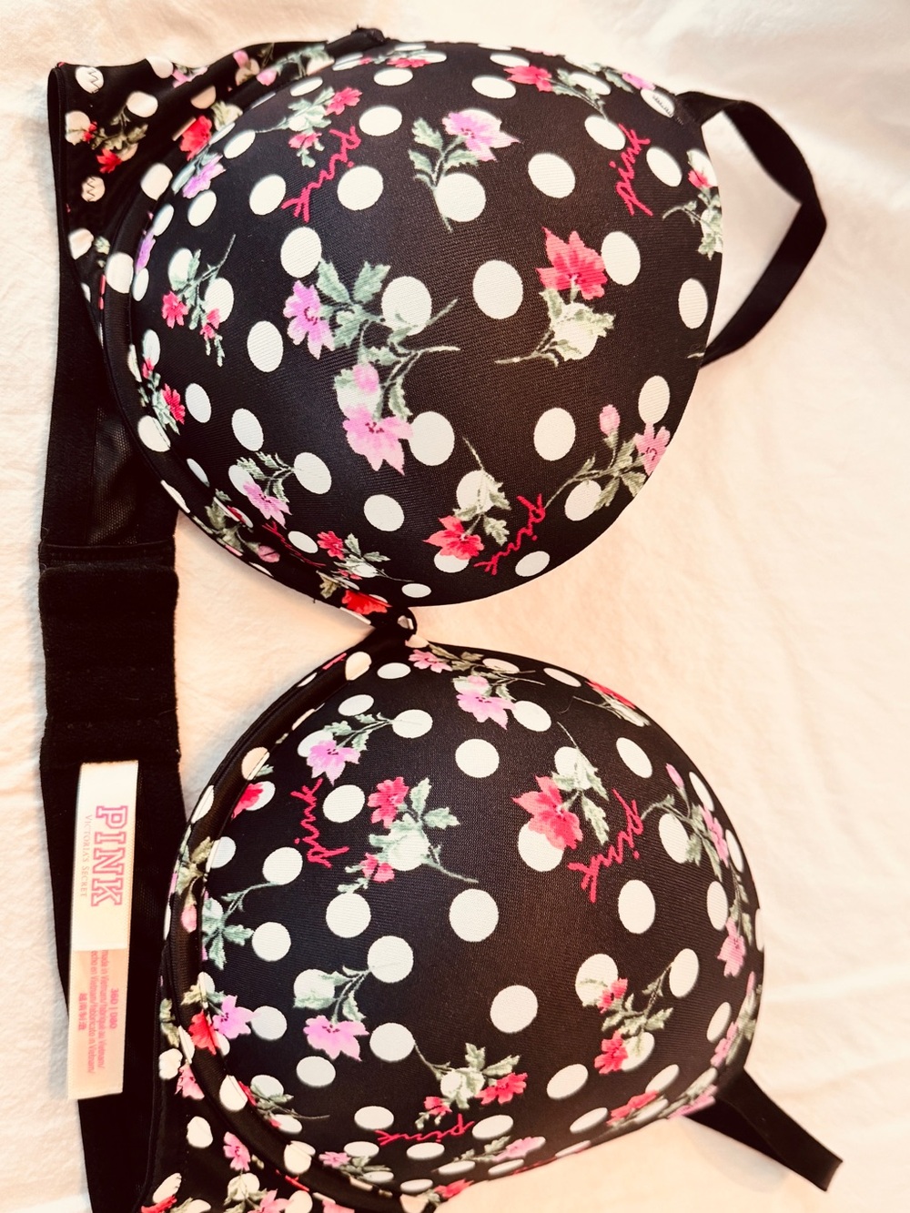 Victoria's Secret PINK Black Polka Dot Floral Push-Up Bra